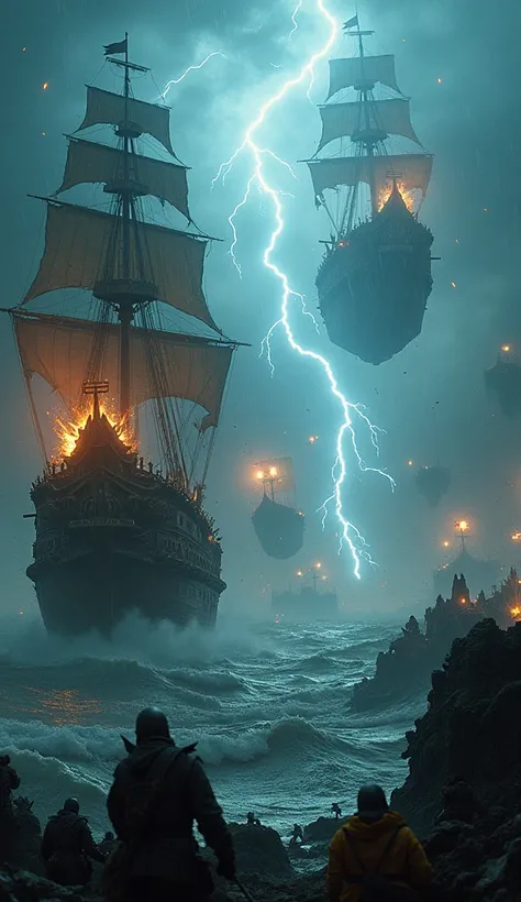 A battlefield suspended in the heart of a never-ending storm. Ships outfitted with jagged metal sails and lightning rods clash amidst violent winds and rain. Soldiers wearing electrified armor leap from ship to ship, wielding weapons that shoot arcs of ele...