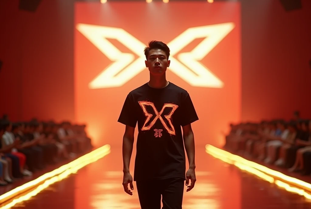 The image has a stage atmosphere, the design of the runway is lit in gold, in a concept that reflects the Chinese theme. Kungfu is a handsome young Asian model wearing a black T-shirt with a luminous SXR logo pattern, a Chinese design with a modern and fut...