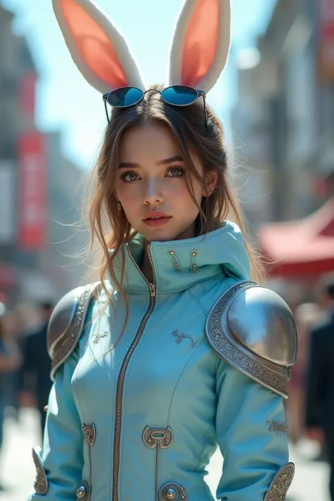 Young woman in a light blue bunny costume with sunglasses and gloves and a Armor jacket 