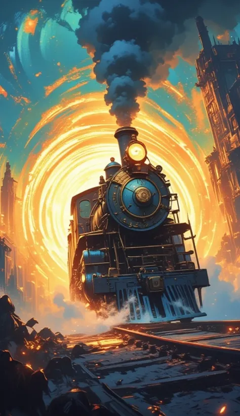 a steam train coming out of a portal. the train has a clock on its front. the portal it comes out from is magical and glows brightly.