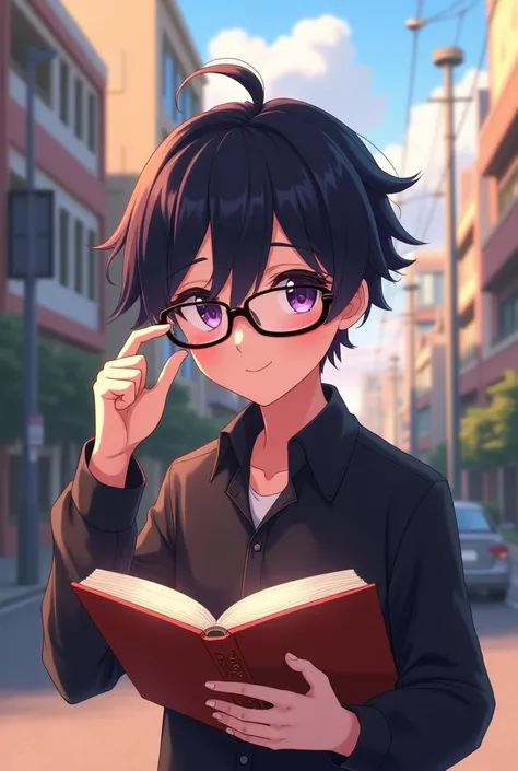 Anime  boy with purple eyes, black hair, smiling and blushing, wearing a black shirt with a collar, glasses, adjusting his glasses, in a street setting, reading a book, intricate details, photorealistic, 3D render, highly detailed, masterpiece, cinematic l...