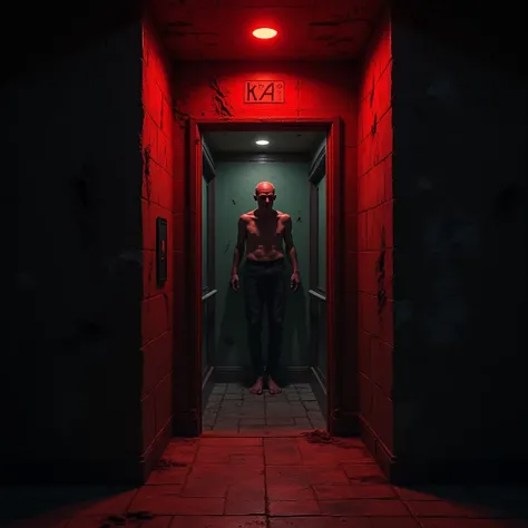  An old elevator stopped in an unknown underground floor .  Open doors reveal a dark and disturbing corridor illuminated with red lights. In the background,  a deformed human figure ,  similar to the protagonist ,  emerges from a huge mirror hanging on the...