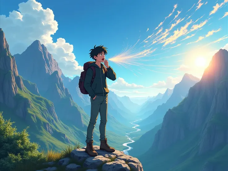 
A young man stands confidently on a mountain peak, surrounded by jagged cliffs and lush green valleys under a vivid blue sky. He has short, windblown black hair, expressive eyes, and wears a simple yet rugged outfit of a fitted jacket and hiking boots. Hi...