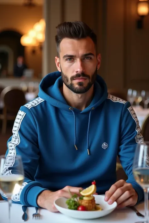  Photorealism  of ahandsome man with a well-groomed beard, sitting at an elegant and luxurious restaurant. He is enjoying a meal at a beautifully set table with fine dining elements, like crystal glasses and silverware. He is wearing a stylish blue hoodie ...