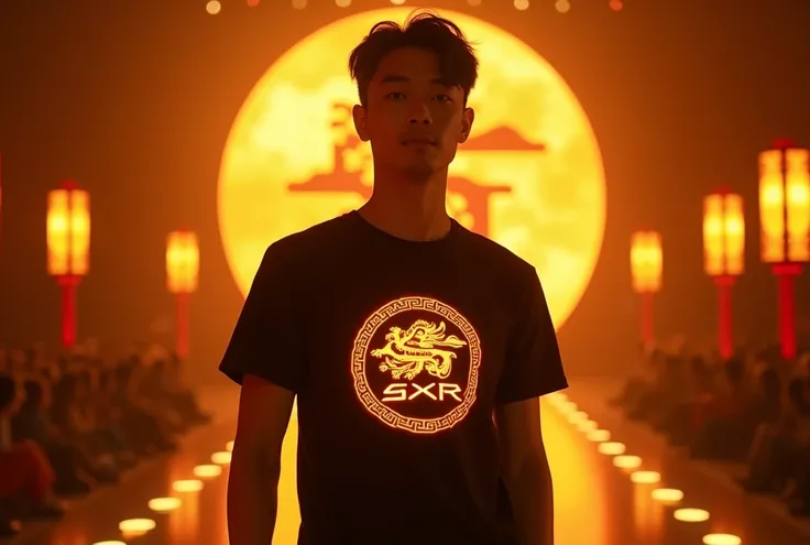 The image has a stage atmosphere, the design of the runway is lit in gold, in a concept that reflects the Chinese theme. Kungfu is a handsome young Asian model wearing a black T-shirt with a luminous SXR logo pattern, a Chinese design with a modern and fut...