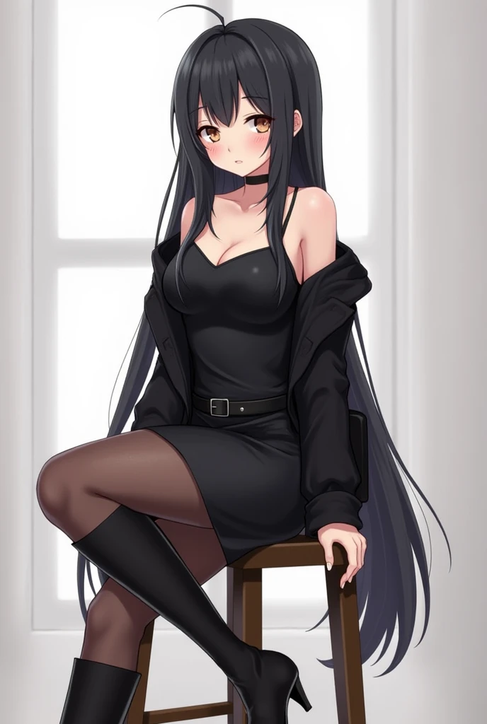 1girl in, age23, Solo, Long hair, Colossal, Looking at Viewer, jet black hair, brown eyes, attractive body, Full body, black pencil skirt, black singlet, black tights, black belt, black knee boots, black blazer, Realistic, sitting on a stool, crossing legs...