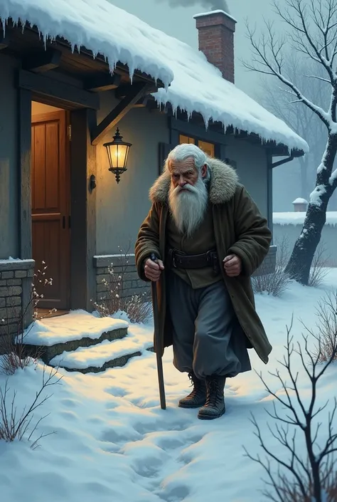 I want an image of an old elderly man coming down from afar to a man who is at the front door on the 8th winter of Christmas
