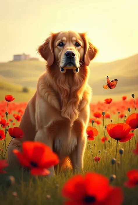 Golden retriever dans une prairie de coquelicot avec un papillon