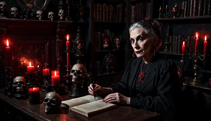 Well-dressed woman journalist, interviewing Old gloomy witch, House with skulls, black and red candles, low light, all gloomy.