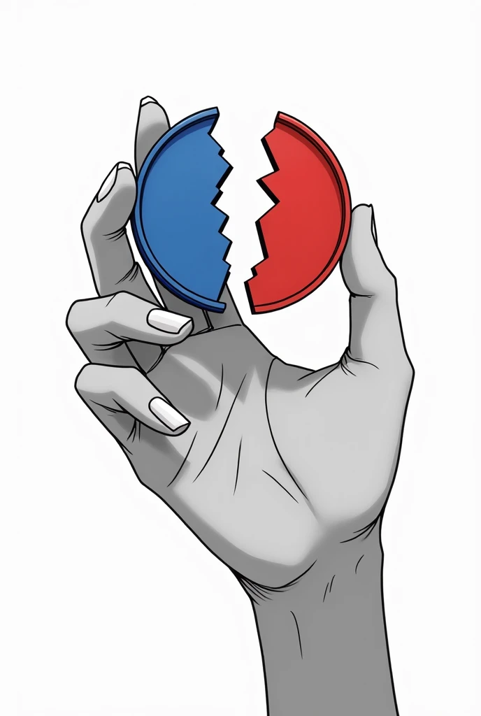  A hand holding a broken coin ,  this coin has two colors due to its rupture ,  one blue and the other red ,  the red side is on the right and the blue side is on the left, The hand is in black and white and that it is anime-like