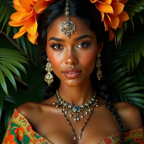 beautiful detailed eyes, beautiful detailed lips, extremely detailed face, 1 woman, traditional Brazilian woman, Brazilian culture, detailed traditional Brazilian dress, tropical flowers, lush greenery, photorealistic, high quality, hyper detailed, cinemat...