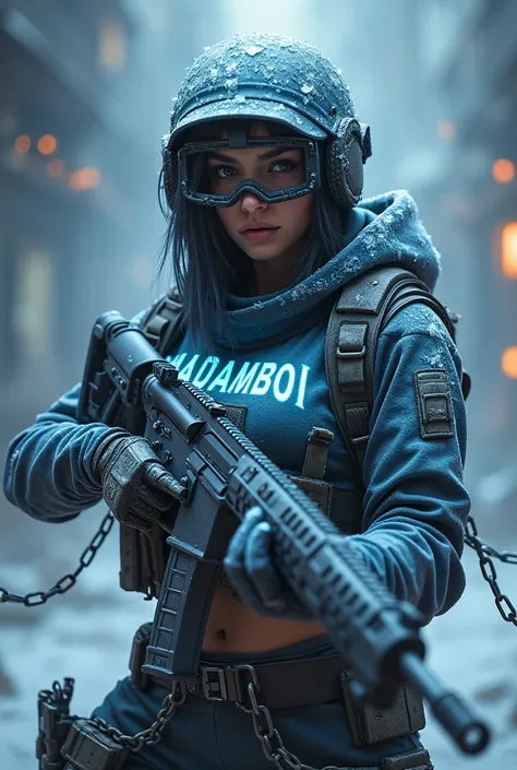 A PUBG avatar featuring a female soldier holding an M416 rifle with ice elements, wearing an Inferno-style helmet. The background includes chains and smoke. The person’s outfit has the word ‘madamboi’ written on it, with the letters glowing. The soldier’s ...