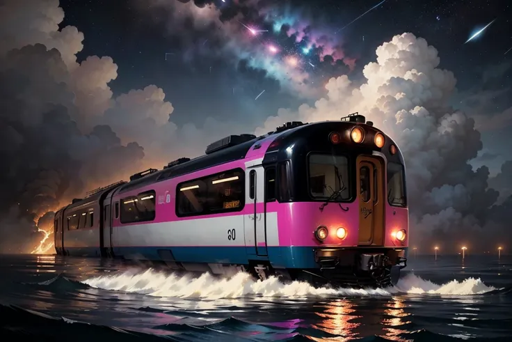 (( cool train surrounded by swirls of light and a flood of color))、(( futuristic train surrounded by meteor showers ))  very detailed、 black and white、masterpieceイラスト、cloud、star、流star群に囲まれた、 fantasy 、 dynamic angles 、 colorful lights、Wide-angle lens、univer...