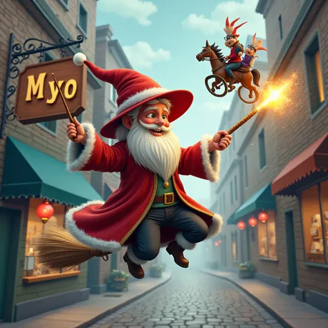  a wizard like Harry Potter 、 the hat is a red hat worn by Santa Claus、Large「MYo」 is written on the store sign 。Flying over a broom 。 cast a spell with a wand in your hand 、 a chariot floats due to that magic 。