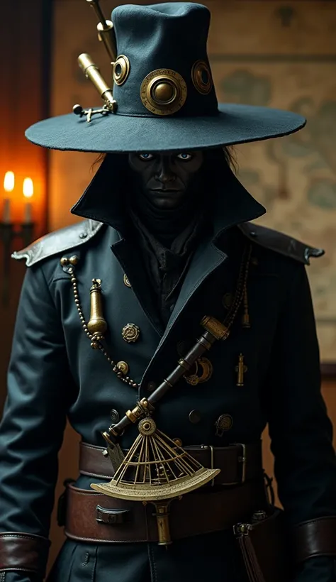 A mysterious figure cloaked in shadow, their face partially obscured by a wide-brimmed hat adorned with brass telescopes and navigation tools. The visible part of their face reveals sharp, angular features, dark eyes glinting with cunning intelligence. The...