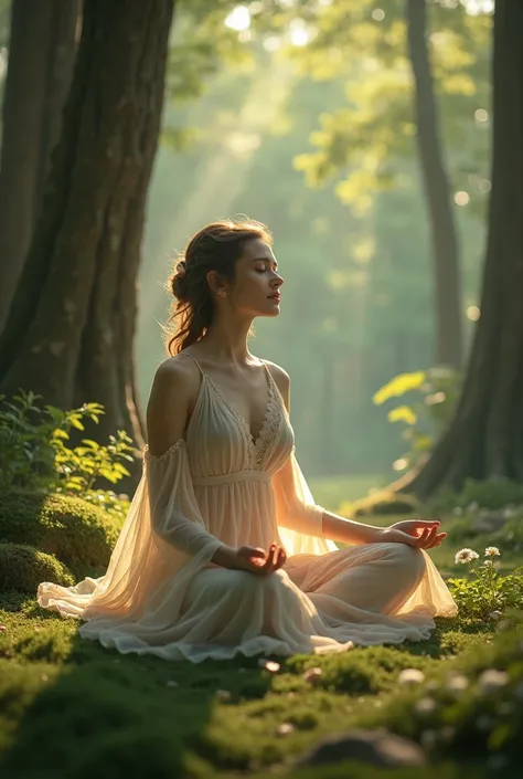 a calm woman meditating in the woods wearing a flowy dress