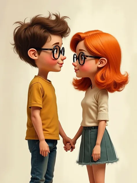 Create a drawing of two dolls that are a couple .  the boy has very curly and short hair and has glasses ,  the girl has short orange hair and also has glasses