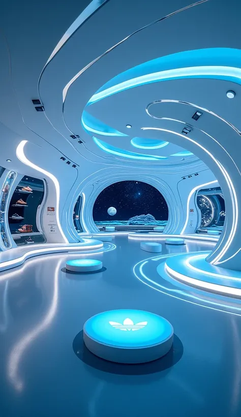 The interior of a futuristic Adidas store designed like a spaceship, inspired by the sleek design of a popular sneaker. The space features smooth, aerodynamic walls and ceilings, glowing with soft neon blue and white light patterns resembling Adidas three ...