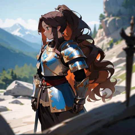 (masterpiece, best quality),1 dwarf woman with long wavy hair in a ponytail standing in the mountain, fantasy medieval Small female knight character, warm lighting, armor, blurry foreground