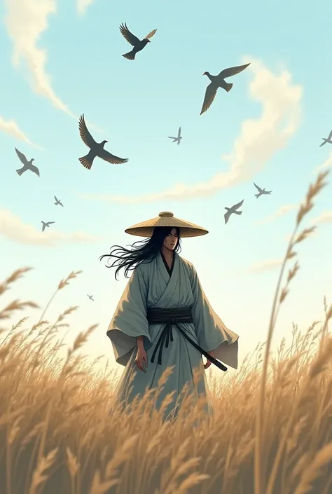 SAMURAI STANDING PEACEFULLY IN A TALL MEADOW THE WIND SHAKES HIS LONG HAIR WITH A CIRCULAR HAT SAMURAI BIRDS FLYING