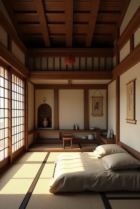 Create a Japanese room .  Based on the Nikkô Tôshô-gu monument representative of Japan . With the materials , colors and representative characteristics .  Placing the bed diagonally on the right side and in front of it place the wall 