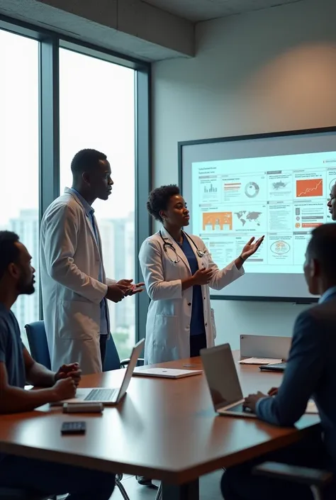 Create a picture of group of African people with doctors nurses and tech founders in a conference room with a meeting board having a meeting about Health tech and explaining blood donation on the board