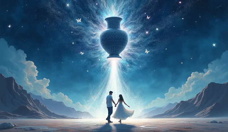 A Dance of Stars and Water

Perspective: Wide shot, capturing an ancient Greek jar floating in mid-air, with a couple dancing beneath it.

Subject: The jar, symbolizing Aquarius, is pouring a silvery, magical water that encircles the dancing couple, turnin...