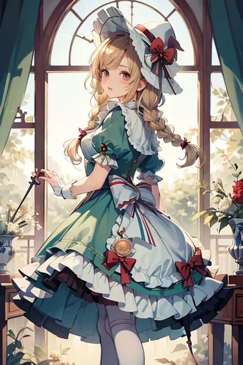 HDR,UHD,8K, best quality, masterpiece, Highly detailed, Studio lighting, physically-based rendering, 1girl, solo,
 BJD doll, blush, alice in wonderland, bere hat, red dress, green high socks, white flowers, ((red color)), blonde hair, short hair, twin brai...