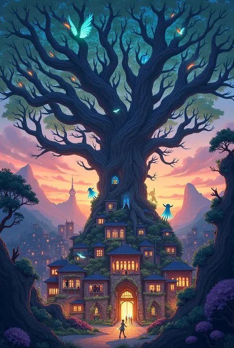 Create a captivating illustration featuring a whimsical and surreal cityscape bathed in twilight. At the heart of this dreamlike scene, place a towering tree with intricate, gnarled branches resembling an ancient, wise elder. The tree’s vibrant, biolumines...