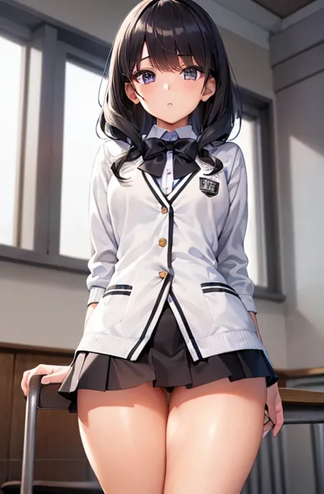 masterpiece, best quality, high definition , very detailed, (((( girl in school uniform )))), Takada Rokka, winter school uniform,  white cardigan, (((very very short black skirt))),  with a cool expression , (((plump thighs ,  Thin Waist))),  black hair, ...