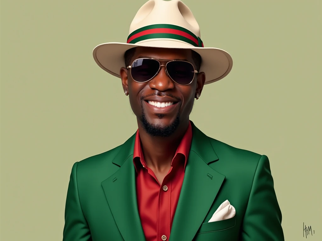 Draw a realistic human image in 8k of the Podcaster named Kwaufi Nino smiling and with brighter skin and wearing a White or cream Brim hat with the gucci green and red stripe band on it and wearing a very nice all green Gucci Suit and open red shirt undern...