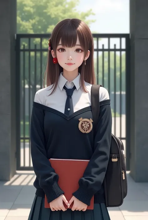 Chinese woman, brown straight hair, collared shirt, black off shoulder loose collar tight sweater with white long sleeve buttoned shirt on the inside, dark blue necktie, red hairpin, dark blue skirt, backpack, School emblem on front pocket, modern school g...