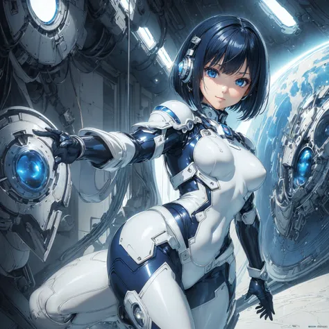 (masterpiece、 best quality、 highest resolution、Clear_image、Detailed details): (Whole body、A 20 year old girl、Japanese Faces、 small face、 slender、 dark blue super short bob cut hair、(Hidden small breasts:1.3)、 Sparkling Blue Eyes 、Shiny pilot suit in white,...