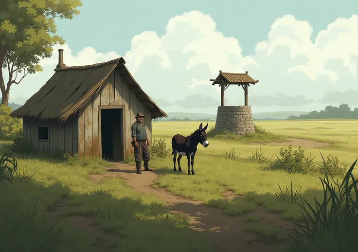 "A peaceful rural village scene with a small hut by a field. A donkey and a farmer is standing outside the hut,The character size is a bit big, and in the background, there is an old, abandoned well surrounded by dry grass and shrubs."