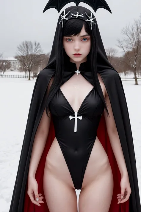 1 teen girl, teenager(1.3), age 13, pale skin, black hair , evil, angelical face, teen girl body, very small breasts, monokini with cape, dress with christian cross in monokini style, background in snow
