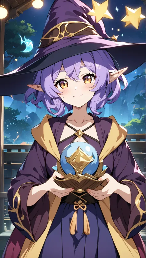 cute, front-facing, smile, short hair, 1girl, elf, fantasy wizard, purple hair, golden eyes, fantasy wizard hat, fantasy wizard rob, best quality, amazing quality, very aesthetic, highres, incredibly absurd, masterpiece, japanese anime, genshin art style,