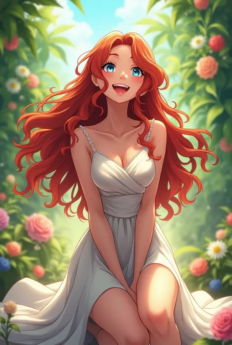  Bride Redheaded Curly Long Hair Tall Cheerful Happy Slim Lawyer Fitt Blue Eyes In Love On Her Knees Looking Up Anime Garden 