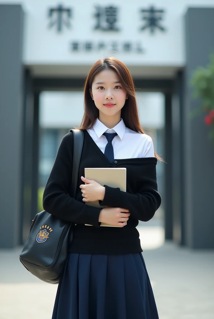 Chinese woman, brown straight hair, collared shirt, black off shoulder loose collar tight sweater with white long sleeve buttoned shirt on the inside, dark blue necktie, dark blue skirt, backpack, School emblem on front pocket, modern school gates, holding...