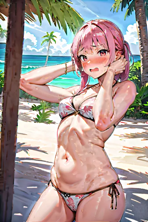 NSFW,masterpiece, best quality, high definition , Very detailed,Embarrassed,blush,bikini,beach, palm trees,Beach House