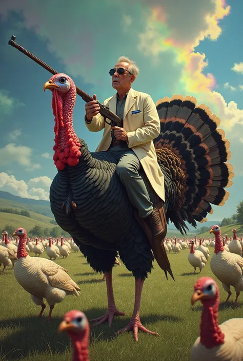 dr. Albert Hofmann is on a turkey farm , While flying on a turkey with a rifle and a bottle of acid.