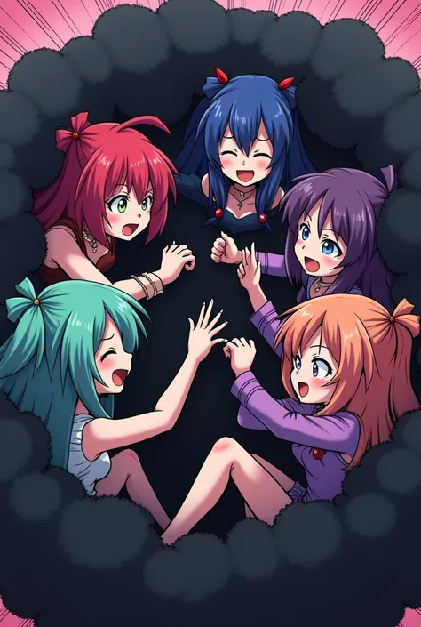 An anime-style comic depicting many vampire-girls playfully wrestling with each other inside a black comical fight cloud.
each vampire-girl has different  colored hair and skin.
their faces,hands,and feet are visible emerging from the cloud as they tussle ...