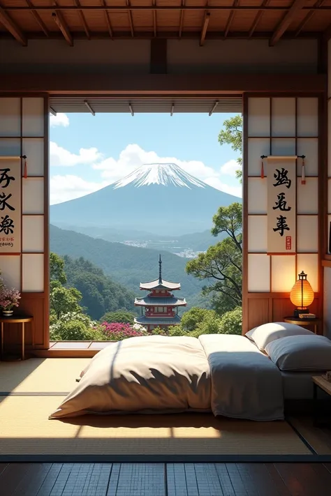 Create a Japanese room .  With the bed positioned on the right side diagonally .  Looking at the background of the room .  Create the image with a monument representative of Japan 