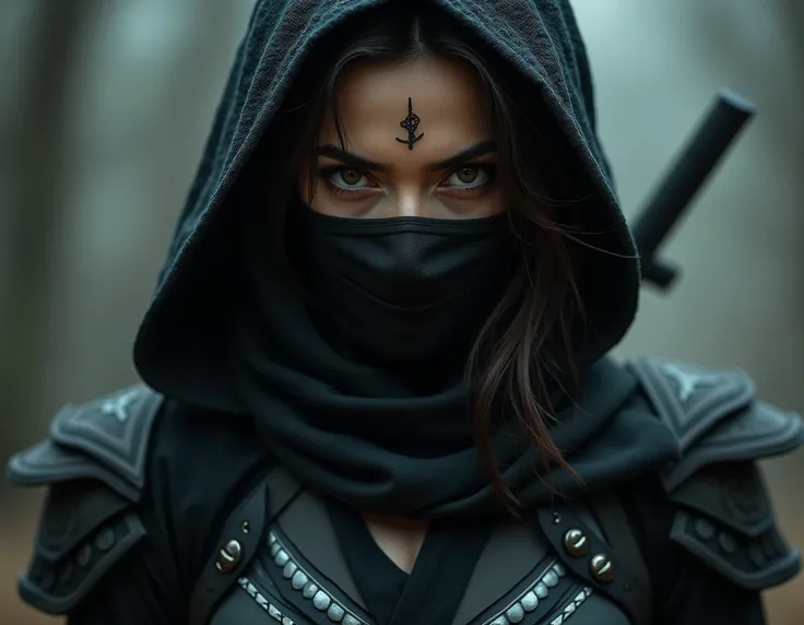 a birdwoman with beautiful and very sensual eyes in ninja armor