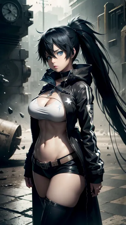 black rock shooter, space, trench coat, large breasts, t-shirt,