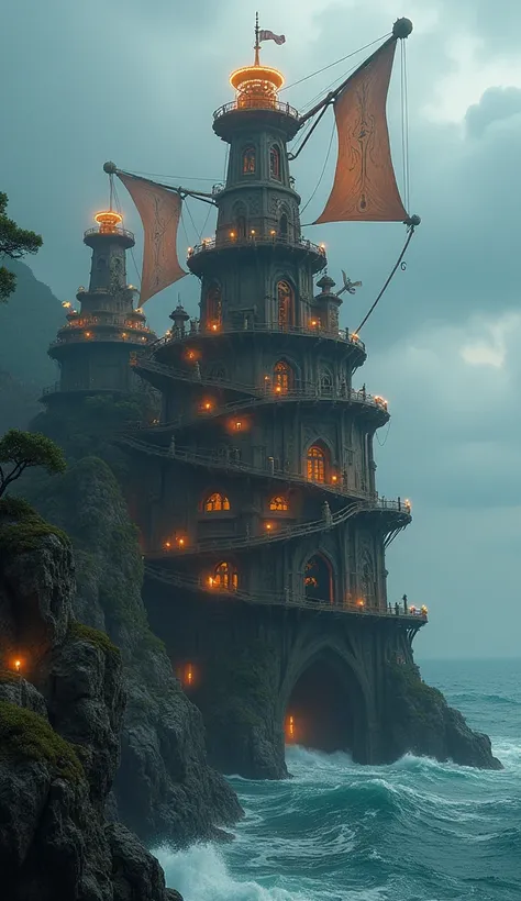 A towering, spiral-shaped citadel rising from the cliffs overlooking a turbulent sea. Its walls are built from driftwood reinforced with brass and etched with wind glyphs that glow faintly in the dark. Huge, turbine-like sails emerge from the central spire...