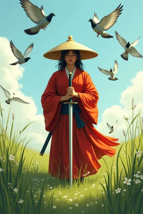 Samurai alone in a lush meadow with tall grass in a red copper robe and a circular straw hat. The samurai holds the sword in front of his face, his eyes are closed, and the pigeons are flying by his side
