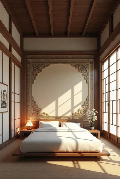 Create a Japanese room .  With the bed positioned on the right side diagonally .  Looking at the background of the room .  Create the image based on the Nikkô Tôshô-gu shrine. Placing all the features and design of the  