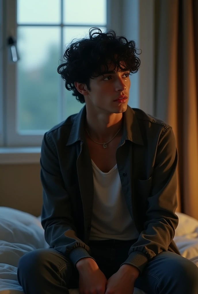 (photorealism:1.2), a beautiful young man sitting on bed, indoor, black shiny curly hair, wearing a fashionista top, and a good looking jeans, weak dusk light breaks through the window, blurred background, hes silently crying tears, hes looking out the win...