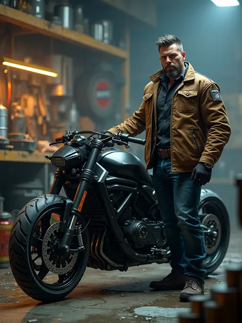 a hiper realistic dark  mechanics shop, with tools the character pose on a blue Sport Bike in lether jacket , and blue jeans-Military haircut, stand by a blue cyber year 2050 motorcycle. -Around them are amunition,  tires, oil drums, and various motorcycle...