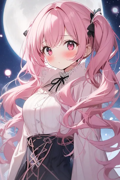  1 girl ,  long hair,  blush, chest,  twin tails,  pink hair，moon